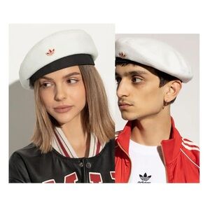 Adidas Originals Metallic Logo Plaque Beret in off white